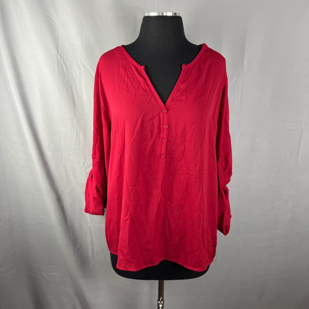 Amaryllis Blouse Top Womens 2XL Red Split V Neck Roll Tab Sleeve Everyday Wear